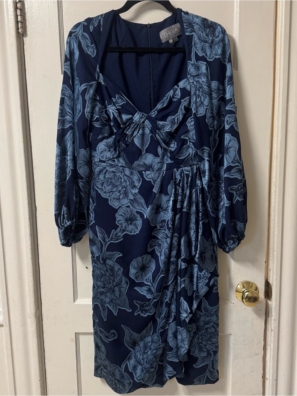 Theia Joslyn Bishop Sleeve Blue Floral Midi Dress NWOT - Picture 5 of 16
